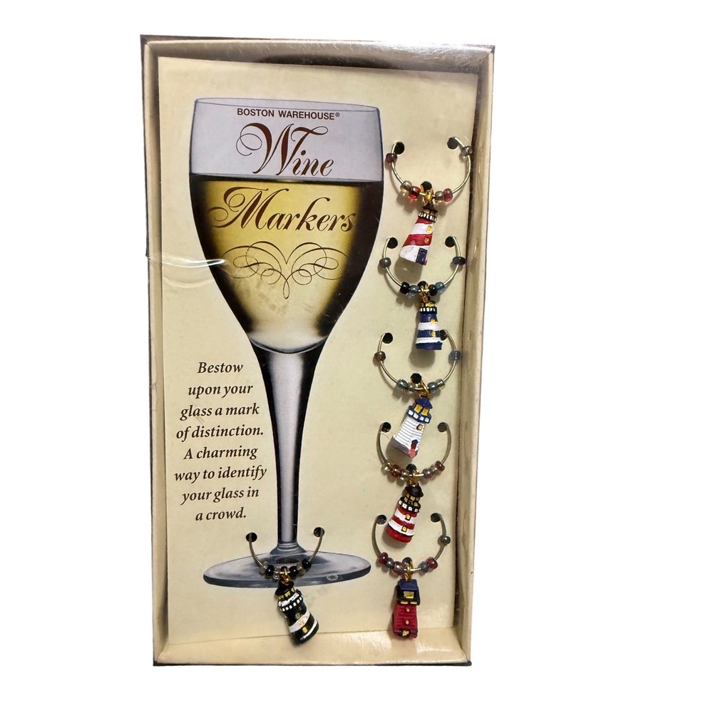 Vintage Boston Warehouse Lighthouse Wine Markers Set of 6 Nautical Coastal‎
